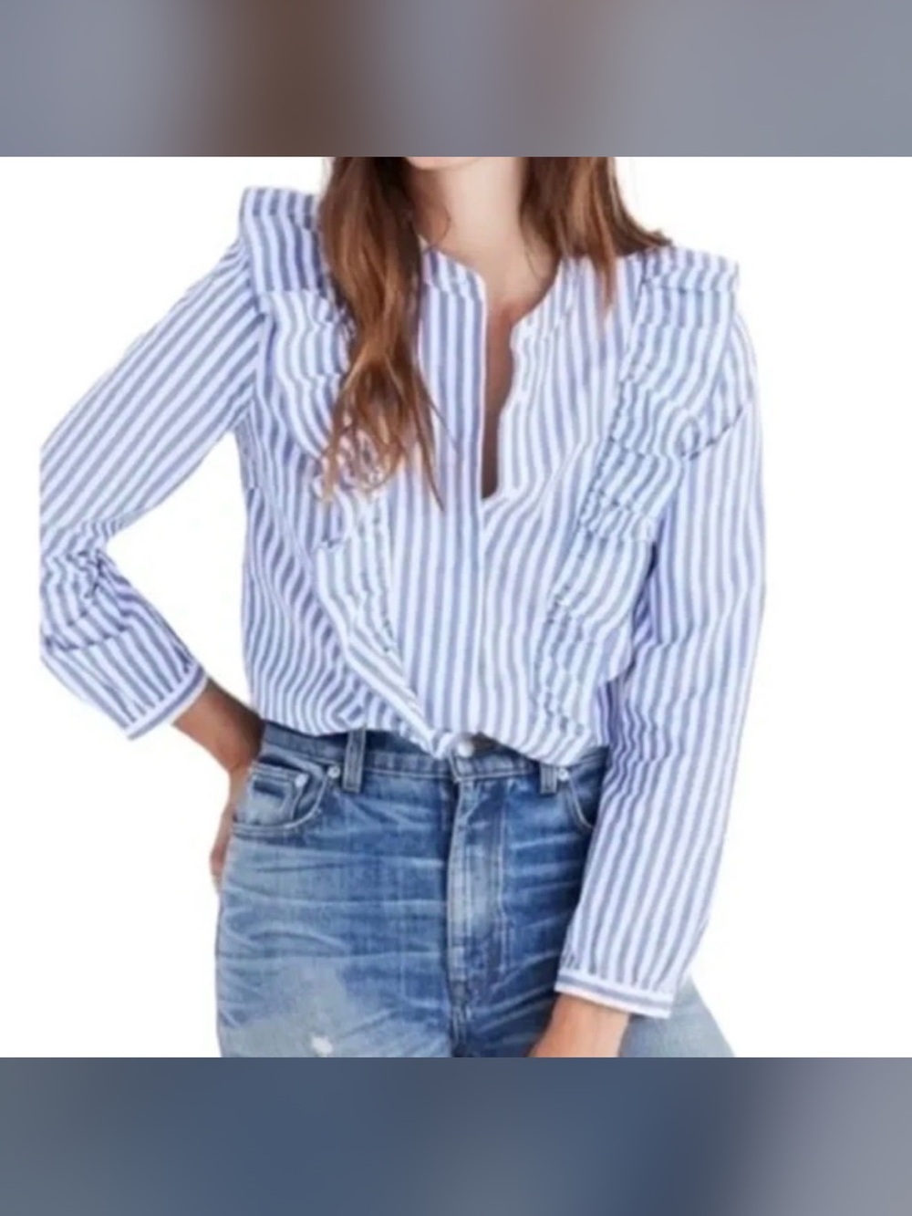 Blue Stripe Ruffle-Trim Women's Blouse